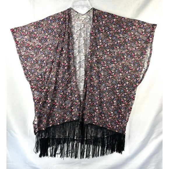 Janice Kimono Jacket Poncho One Size Black Boho Floral With Fringe - Picture 3 of 8